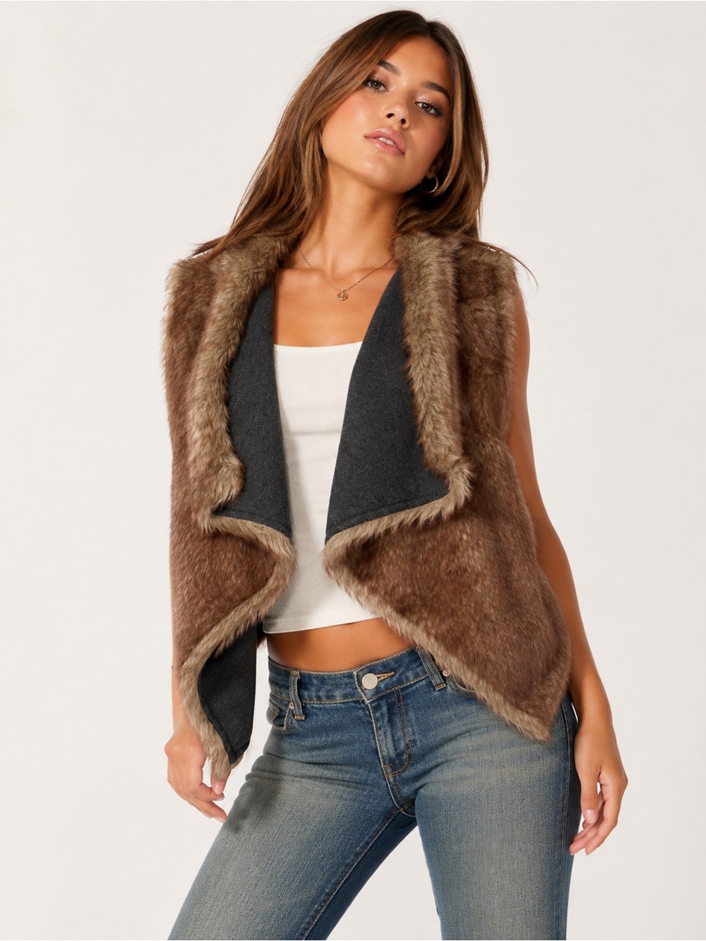 Mossimo Supply Co Reversible Faux Fur Waterfall Vest Brown Gray S